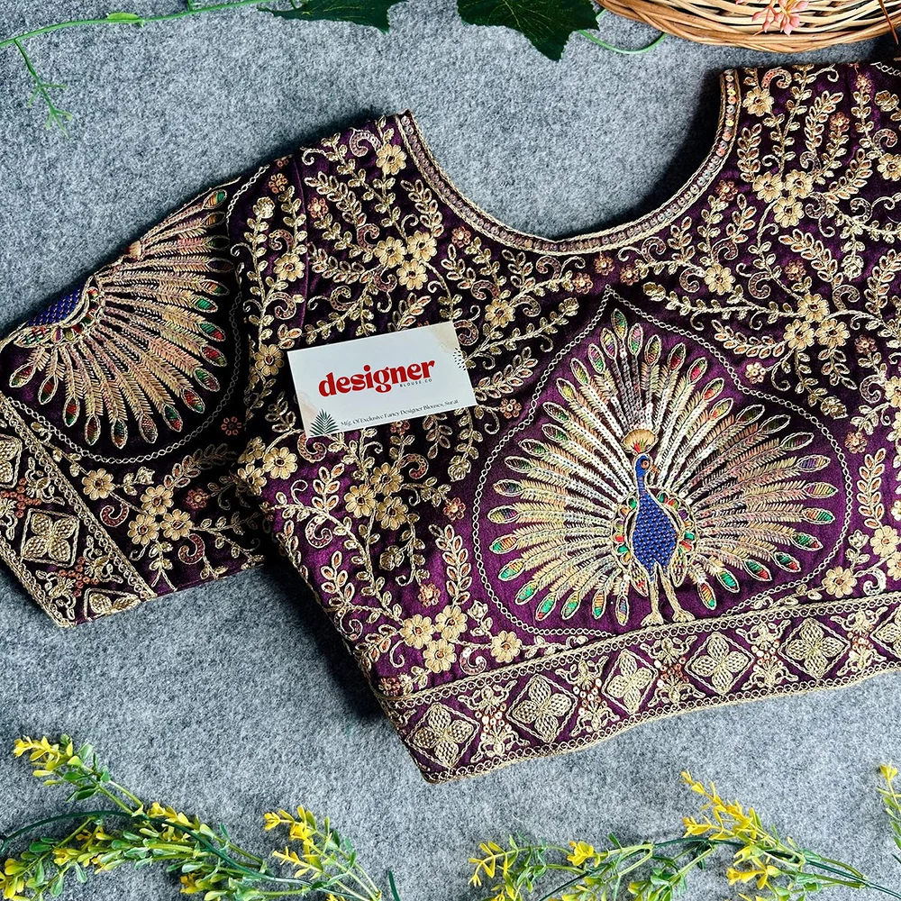 Wine Color Heavy Long Stitch Apple-Cut Cording Work Blouse — view 2