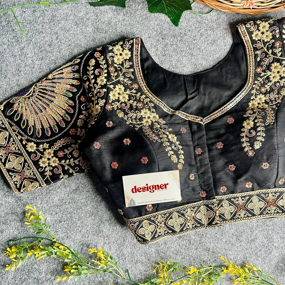Black Color Heavy Long Stitch Apple-Cut Cording Work Blouse — view 1