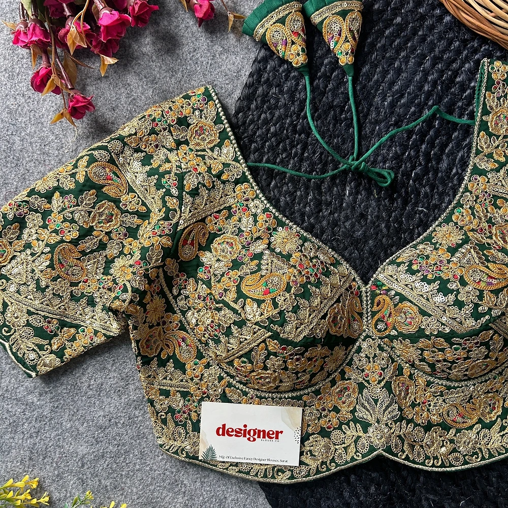 Green Color Beautiful Apple-Cut Bridal Blouse with Embroidery — view 1