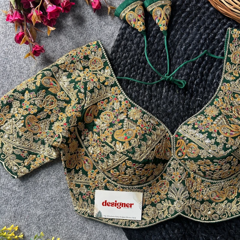 Green Color Beautiful Apple-Cut Bridal Blouse with Embroidery