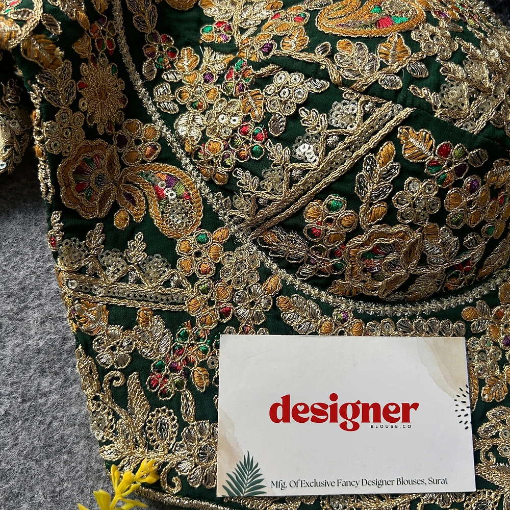 Green Color Beautiful Apple-Cut Bridal Blouse with Embroidery — view 3