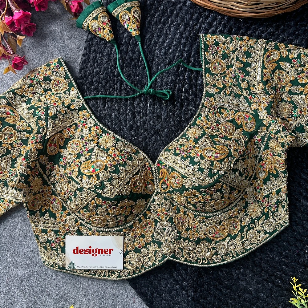 Green Color Beautiful Apple-Cut Bridal Blouse with Embroidery — view 4