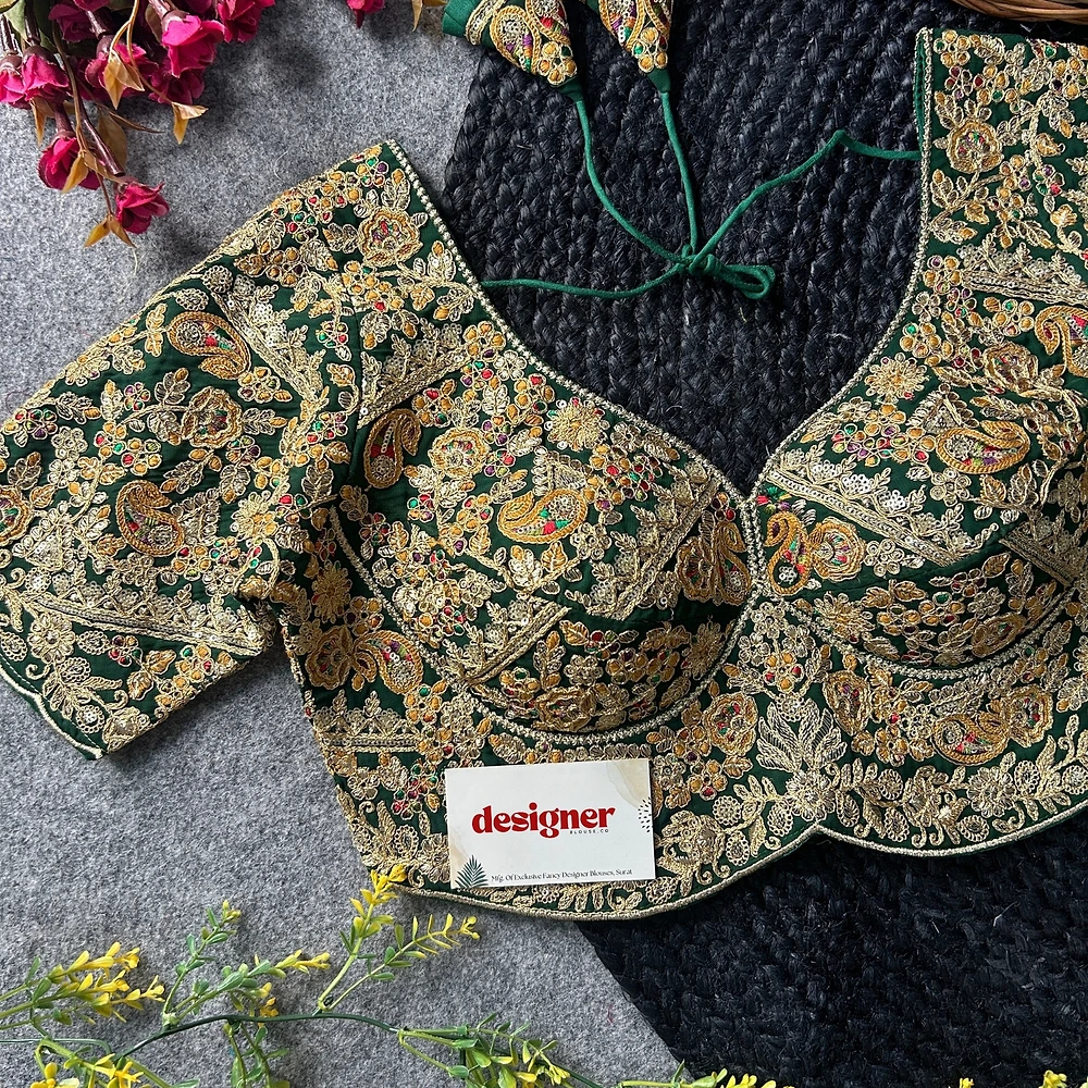 Green Color Beautiful Apple-Cut Bridal Blouse with Embroidery — view 5