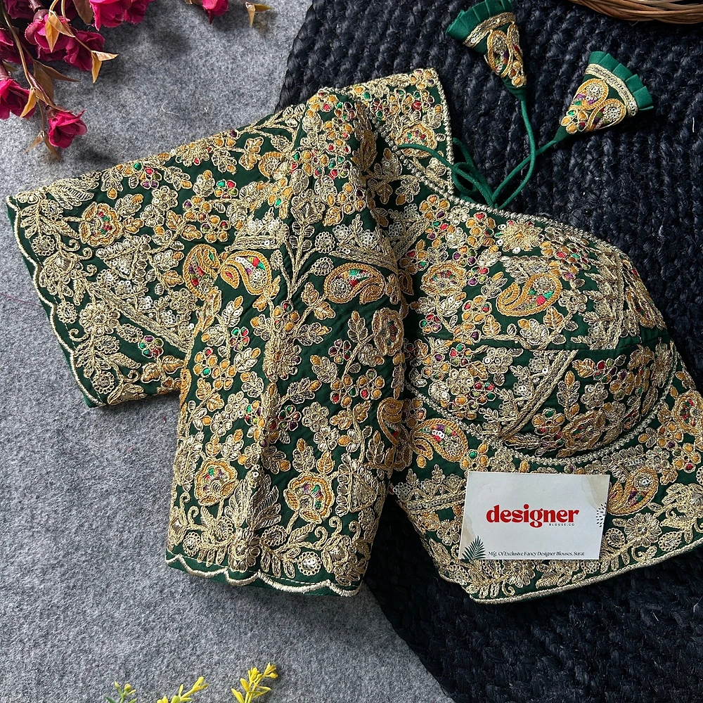 Green Color Beautiful Apple-Cut Bridal Blouse with Embroidery — view 2