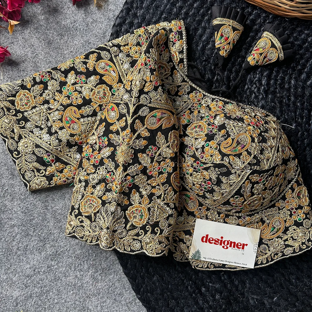 Black Color Beautiful Apple-Cut Bridal Blouse with Embroidery — view 5