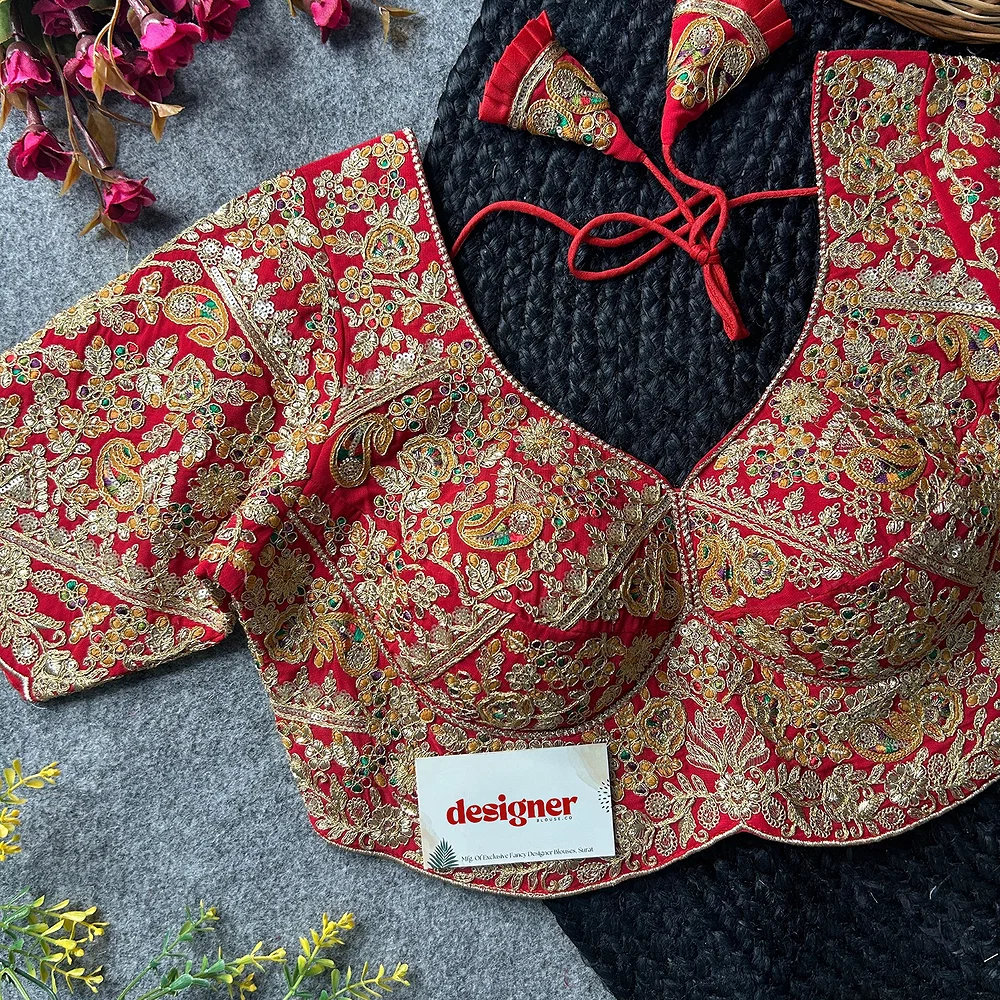 Red Color Beautiful Apple-Cut Bridal Blouse with Embroidery — view 1