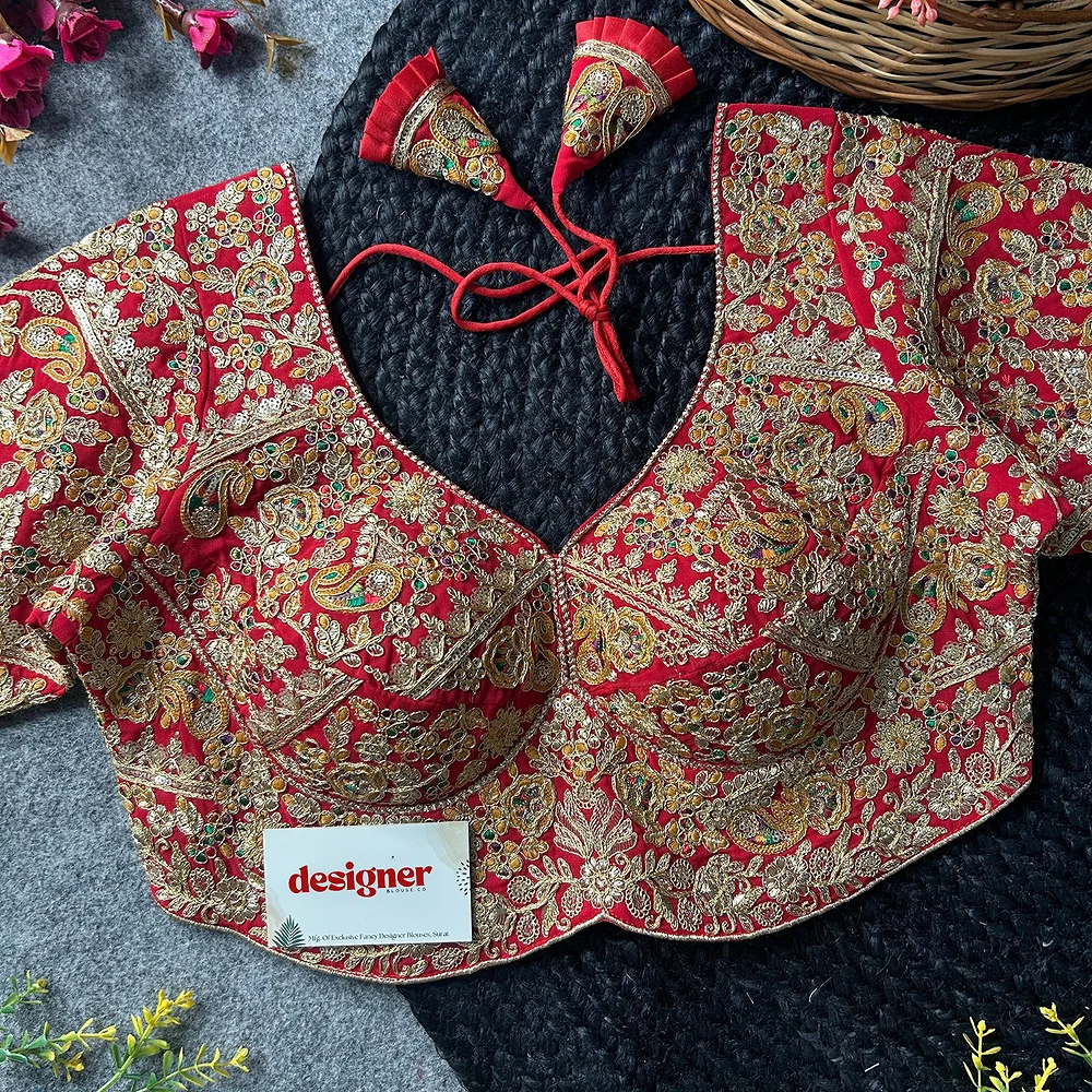 Red Color Beautiful Apple-Cut Bridal Blouse with Embroidery — view 3
