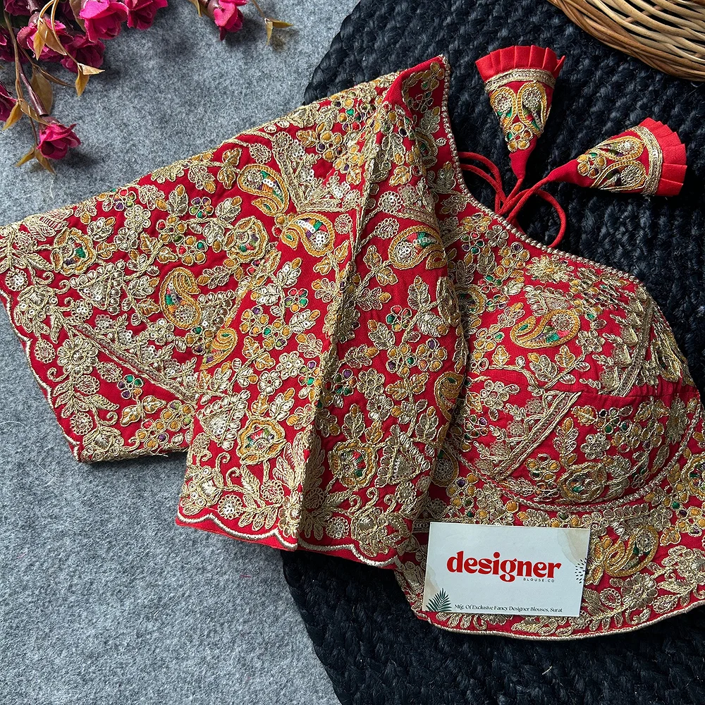 Red Color Beautiful Apple-Cut Bridal Blouse with Embroidery — view 2