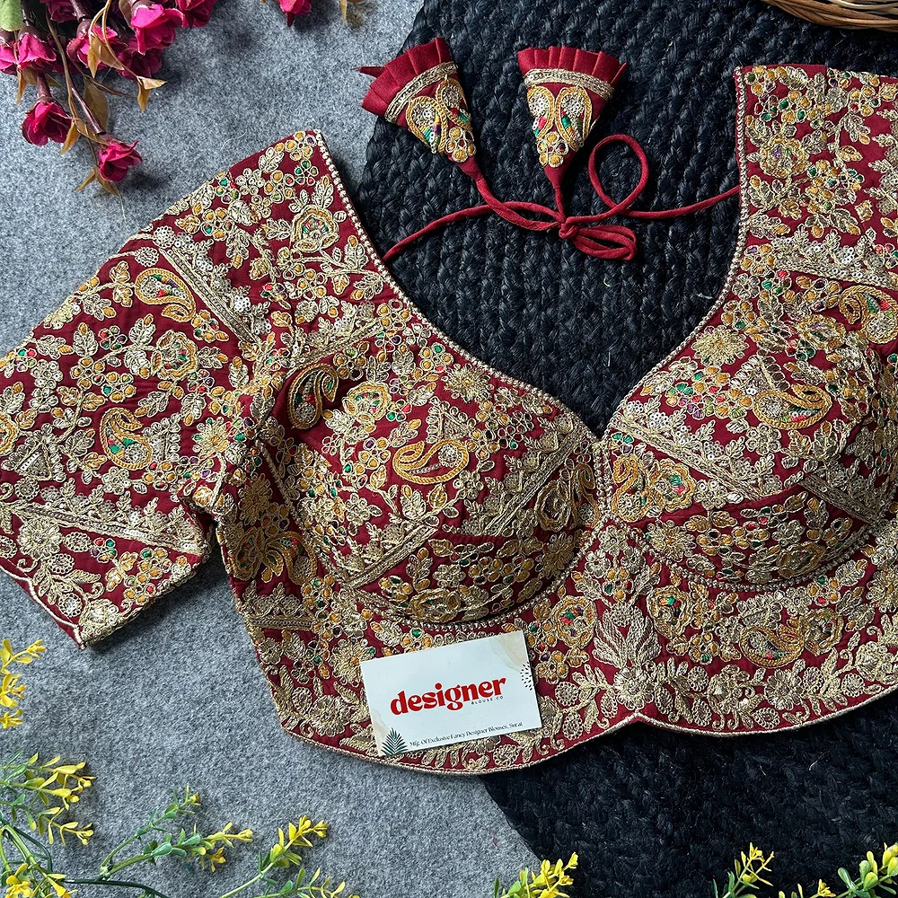 Maroon Color Beautiful Apple-Cut Bridal Blouse with Embroidery — view 1