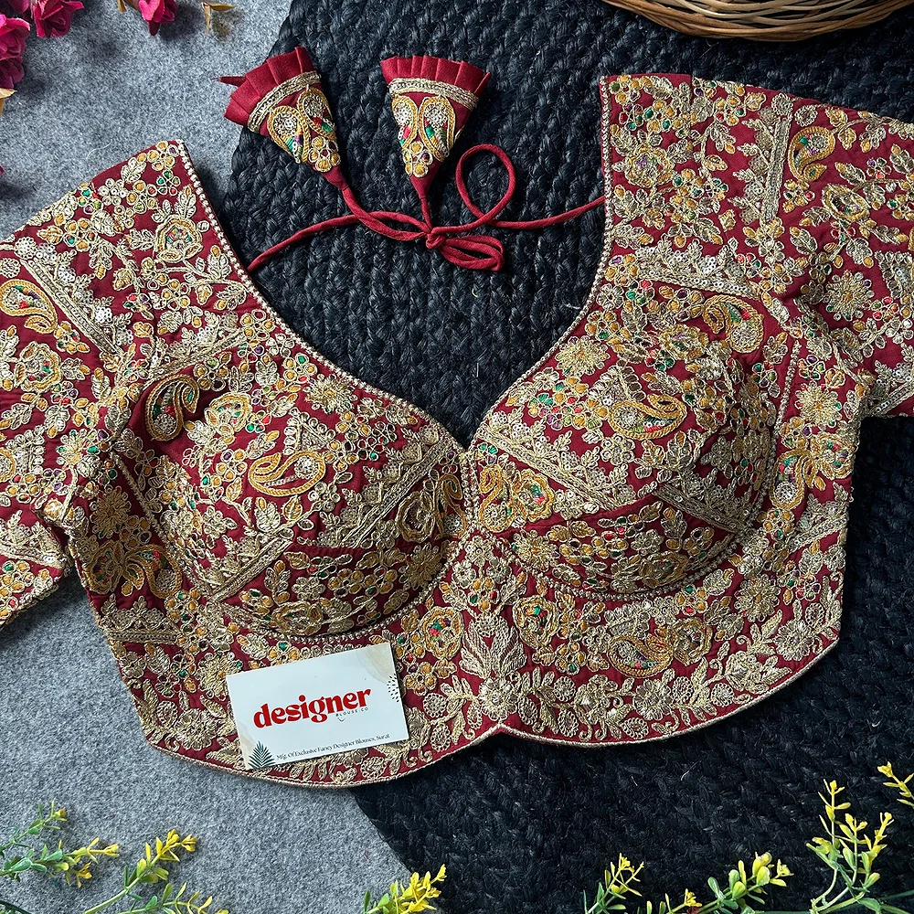 Maroon Color Beautiful Apple-Cut Bridal Blouse with Embroidery — view 3