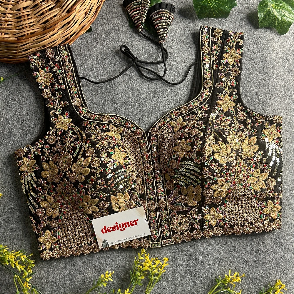 Black Color Beautiful Heavy Embroidery Codding & Thread Work Bridal Blouse — view 1