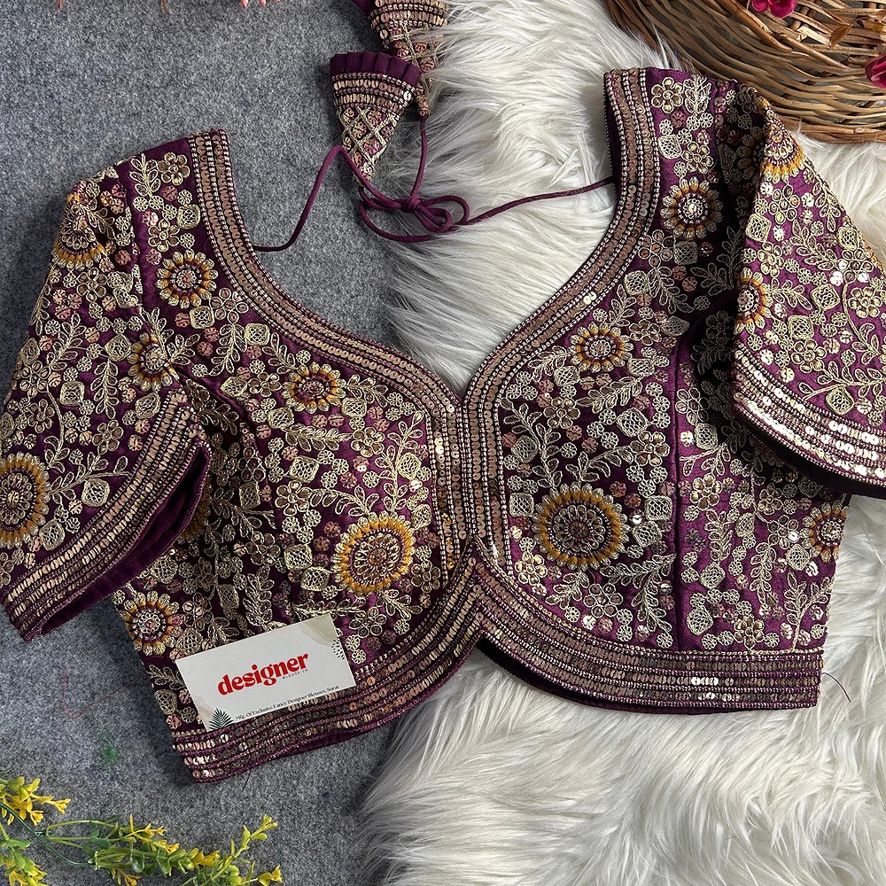 Wine Color Apple Cut Bridal Heavy Embroidery Work Blouse — view 1