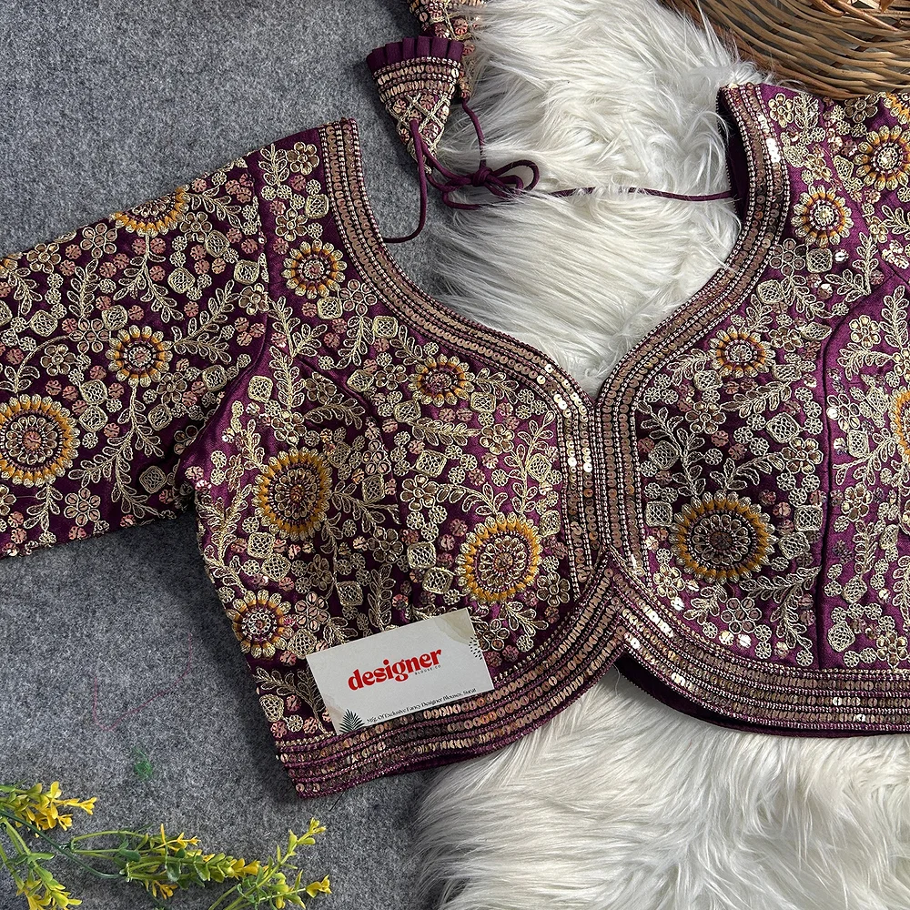 Wine Color Apple Cut Bridal Heavy Embroidery Work Blouse — view 2