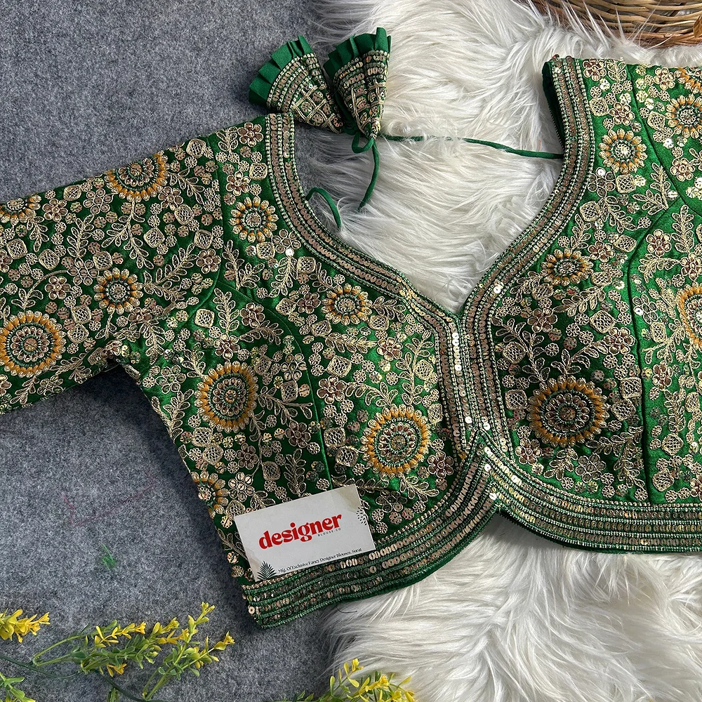 Green Color Apple Cut Bridal Embroidery Blouse — view 2