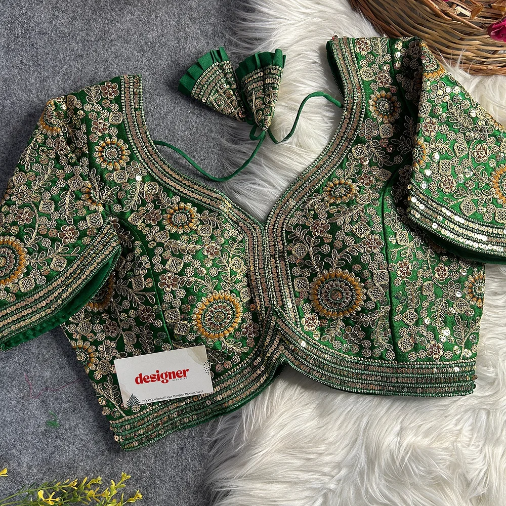 Green Color Apple Cut Bridal Embroidery Blouse — view 1