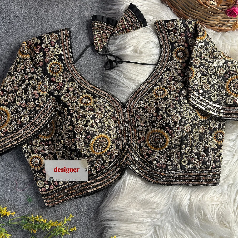 Black Color Apple Cut Bridal Heavy Embroidery Work Blouse — view 1
