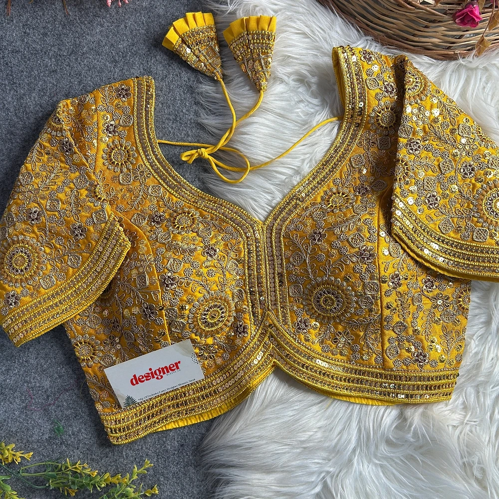 Yellow Color Apple Cut Bridal Heavy Embroidery Work Blouse — view 1