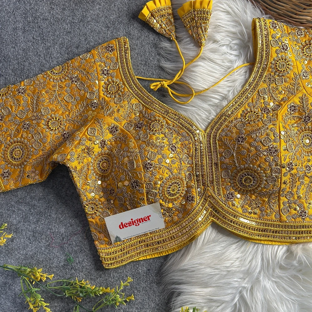 Yellow Color Apple Cut Bridal Heavy Embroidery Work Blouse — view 2