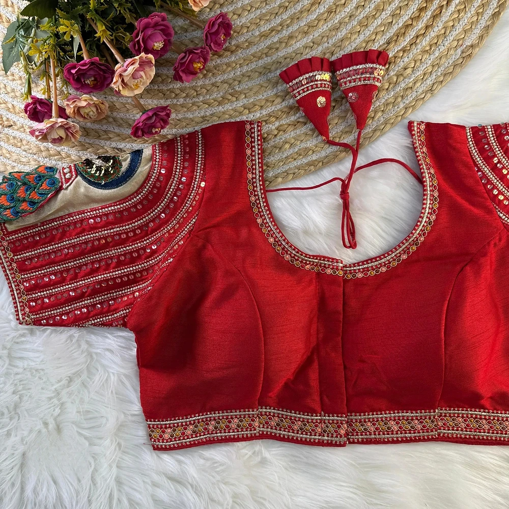 Red Color 3D Peacock Italian Silk Heavy Sleeve Blouse — view 1
