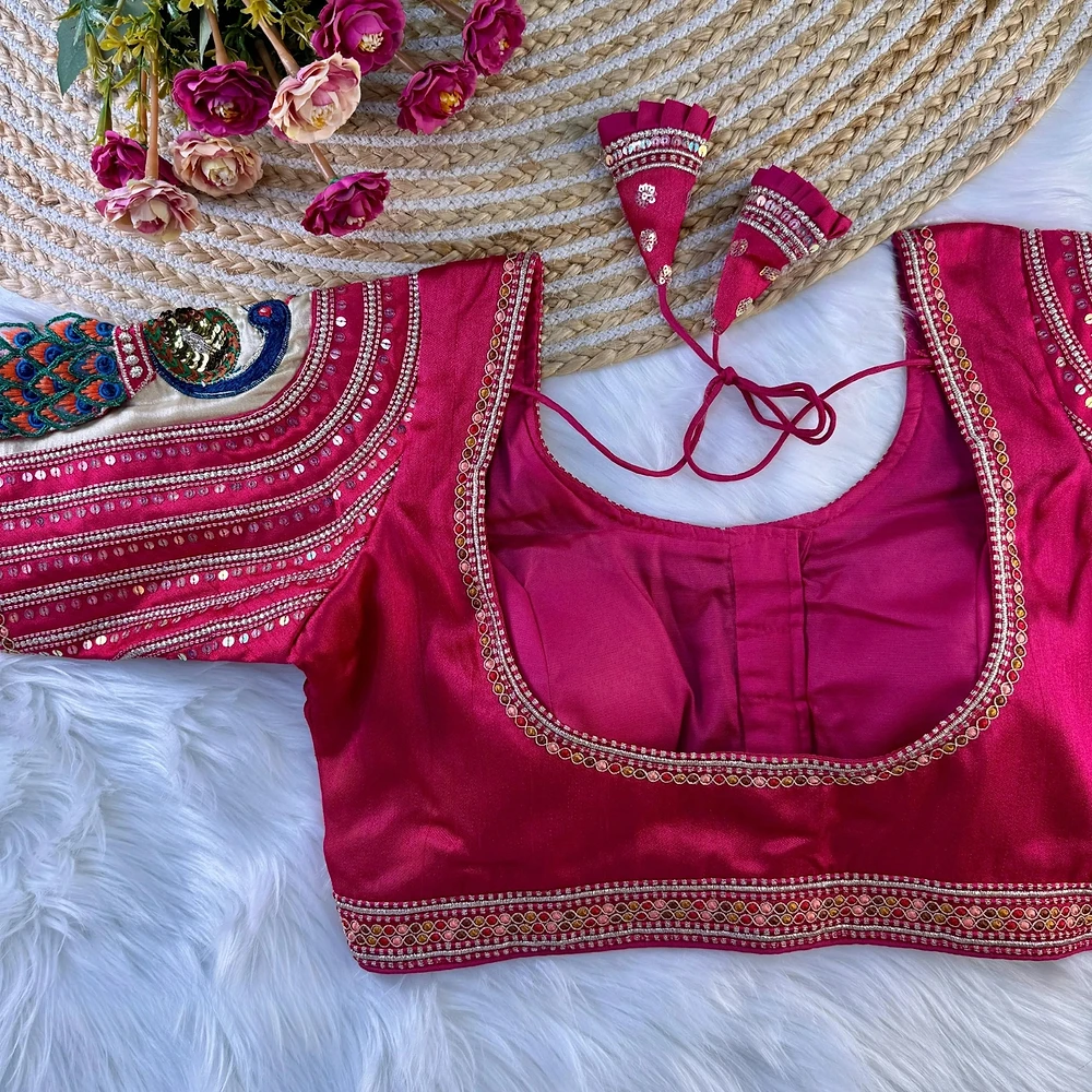 Rani Color 3D Peacock Italian Silk Heavy Sleeve Blouse — view 4