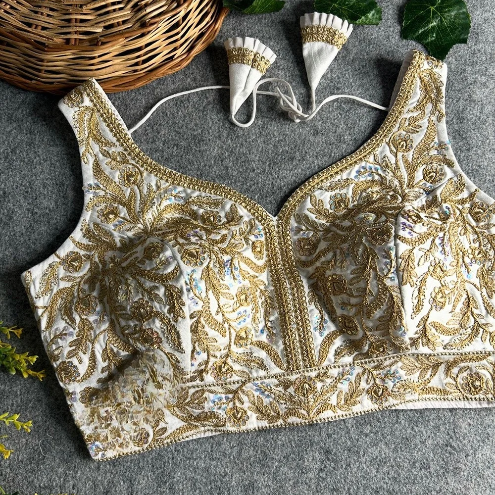 White Color Fancy Bridal Blouse with Heavy Embroidery & Latkans in Italian Silk — view 1