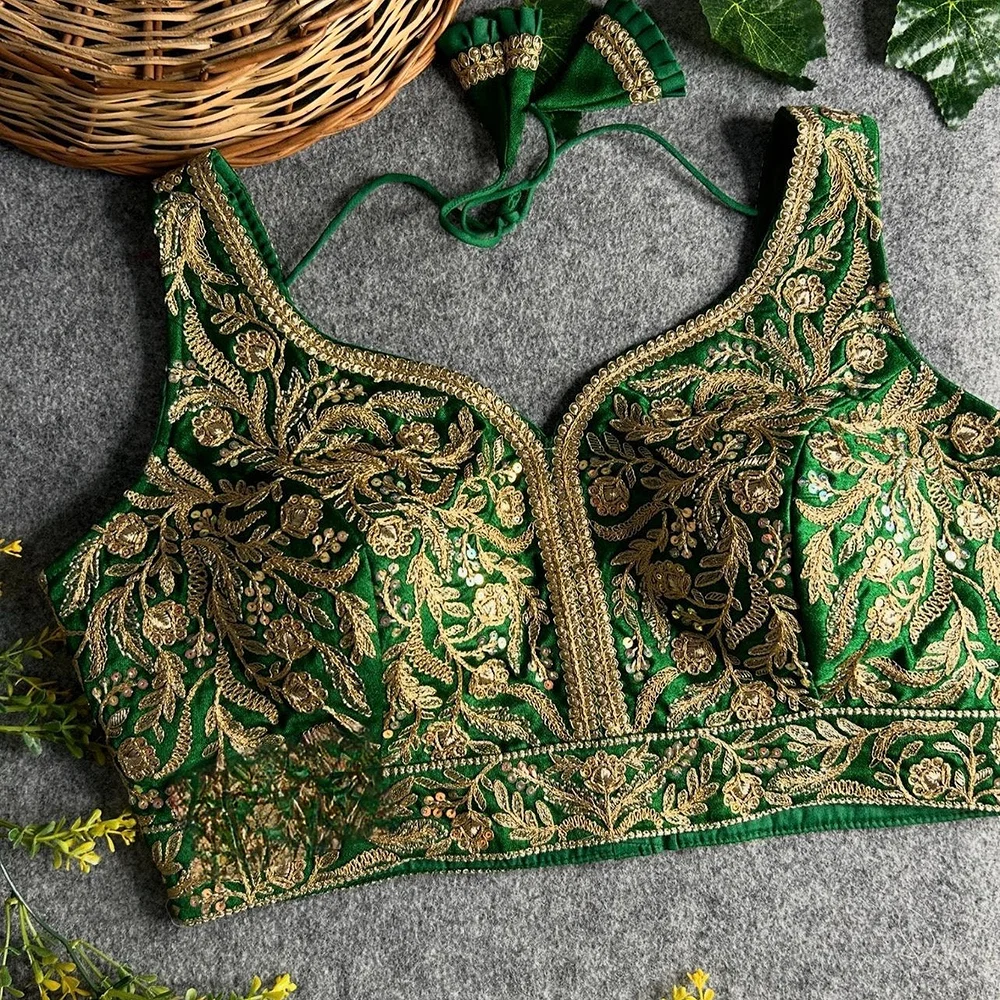 Green Color Fancy Bridal Blouse with Heavy Embroidery & Latkans in Italian Silk — view 1