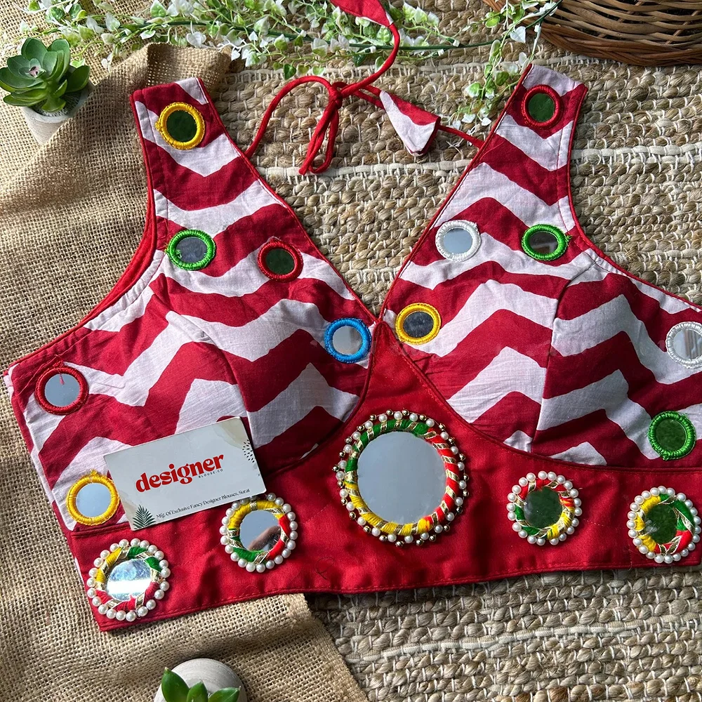 Red Color Navratri Special Readymade Blouse with Mirror Work — view 1