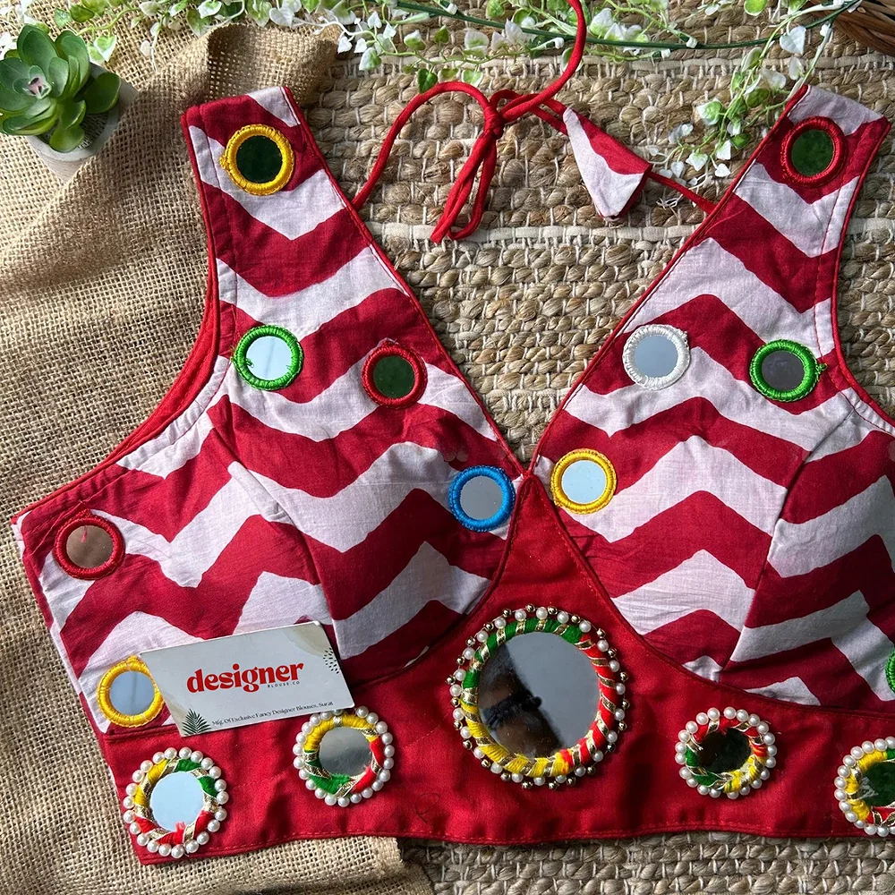 Red Color Navratri Special Readymade Blouse with Mirror Work — view 2