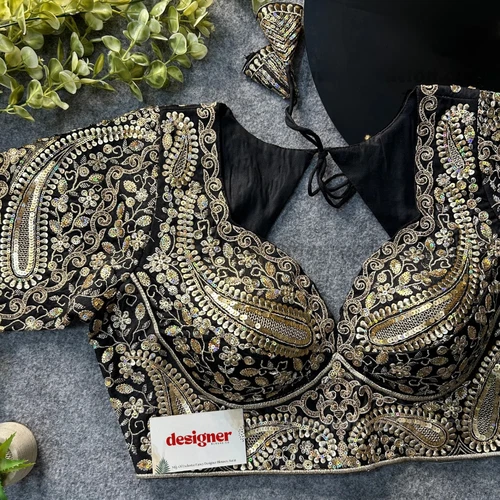 Black Color Italian Silk Readymade Designer Blouse with Sequin & Codding Work