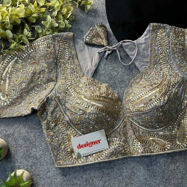 Grey Color Italian Silk Readymade Designer Blouse with Sequin & Codding Work