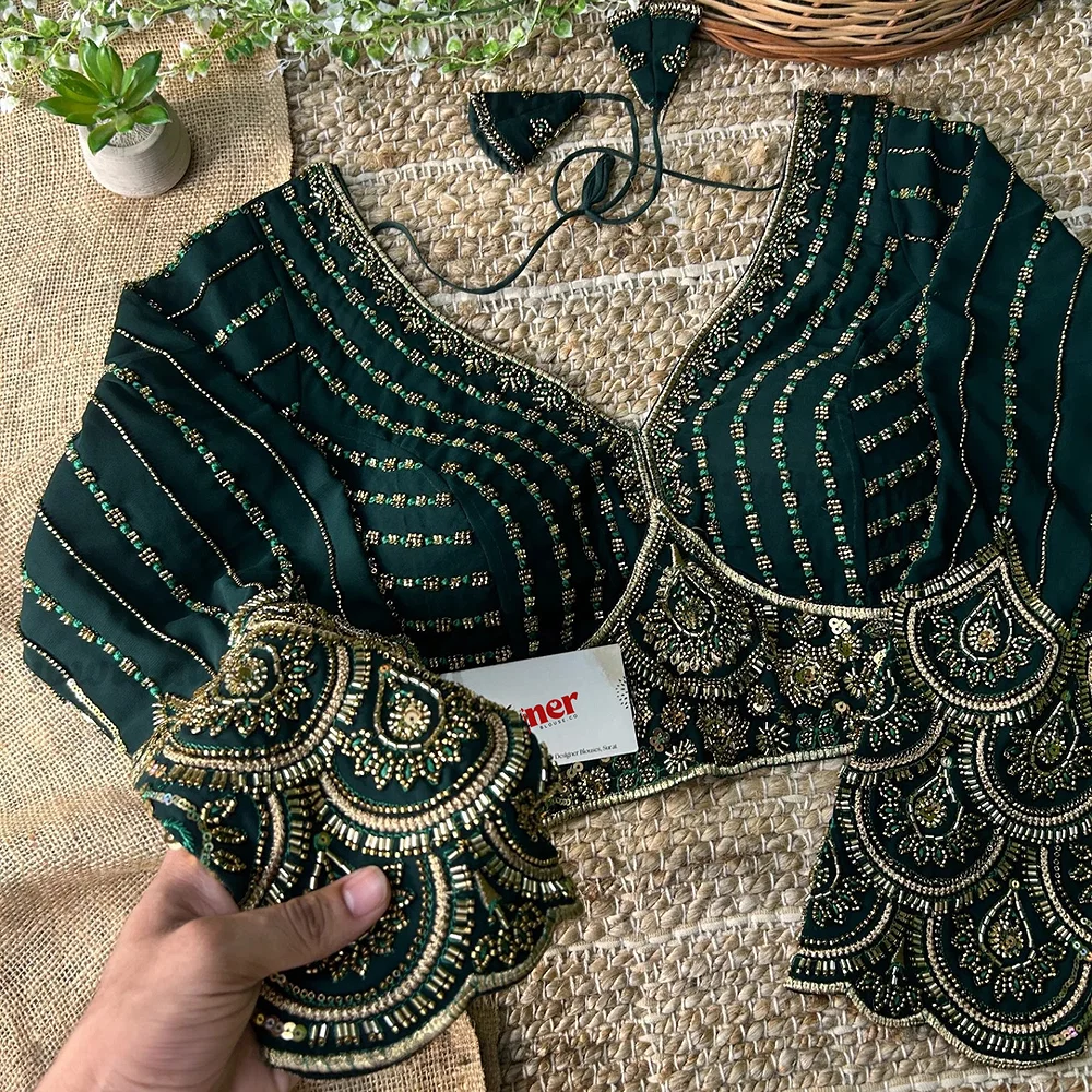 Bottle Green Color Beaded Heavy Work Full Sleeve Readymade Designer Blouse	 — view 1