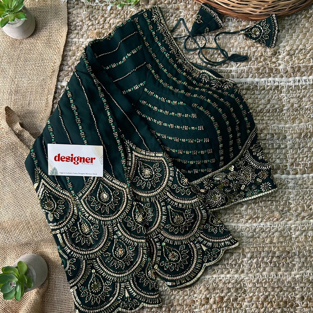 Bottle Green Color Beaded Heavy Work Full Sleeve Readymade Designer Blouse	 — view 2