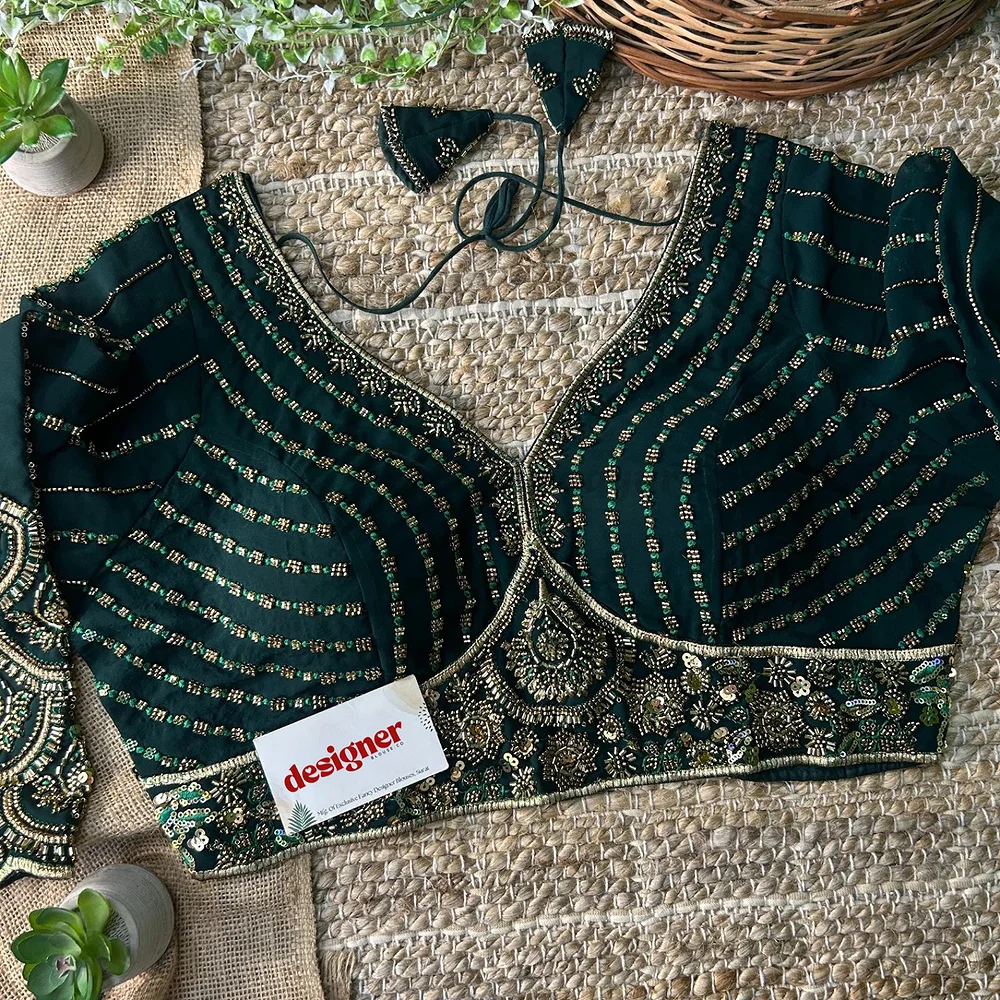 Bottle Green Color Beaded Heavy Work Full Sleeve Readymade Designer Blouse	 — view 4