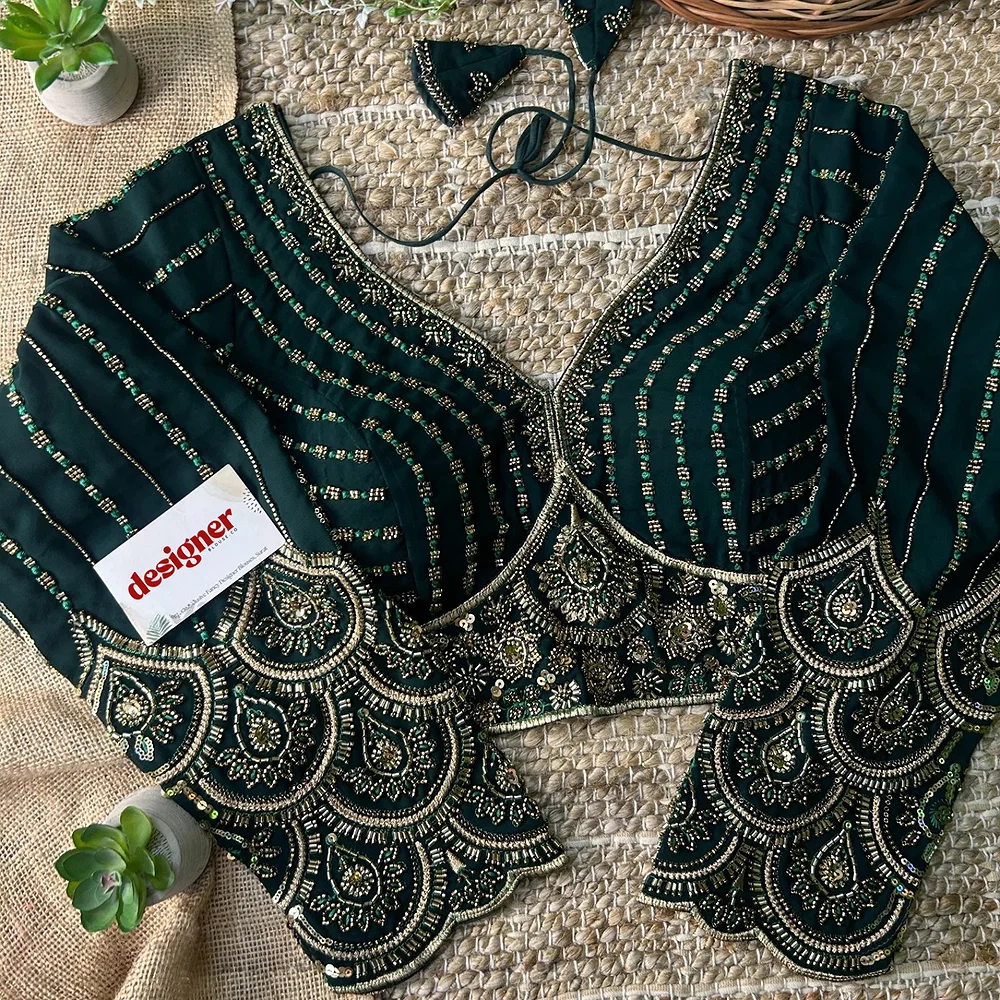 Bottle Green Color Beaded Heavy Work Full Sleeve Readymade Designer Blouse	 — view 3