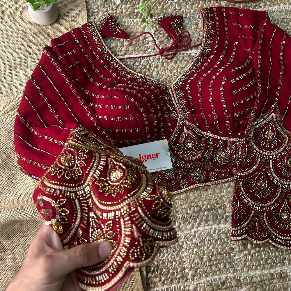 Maroon Color Beaded Readymade Designer Blouse With Long Sleeves — view 1