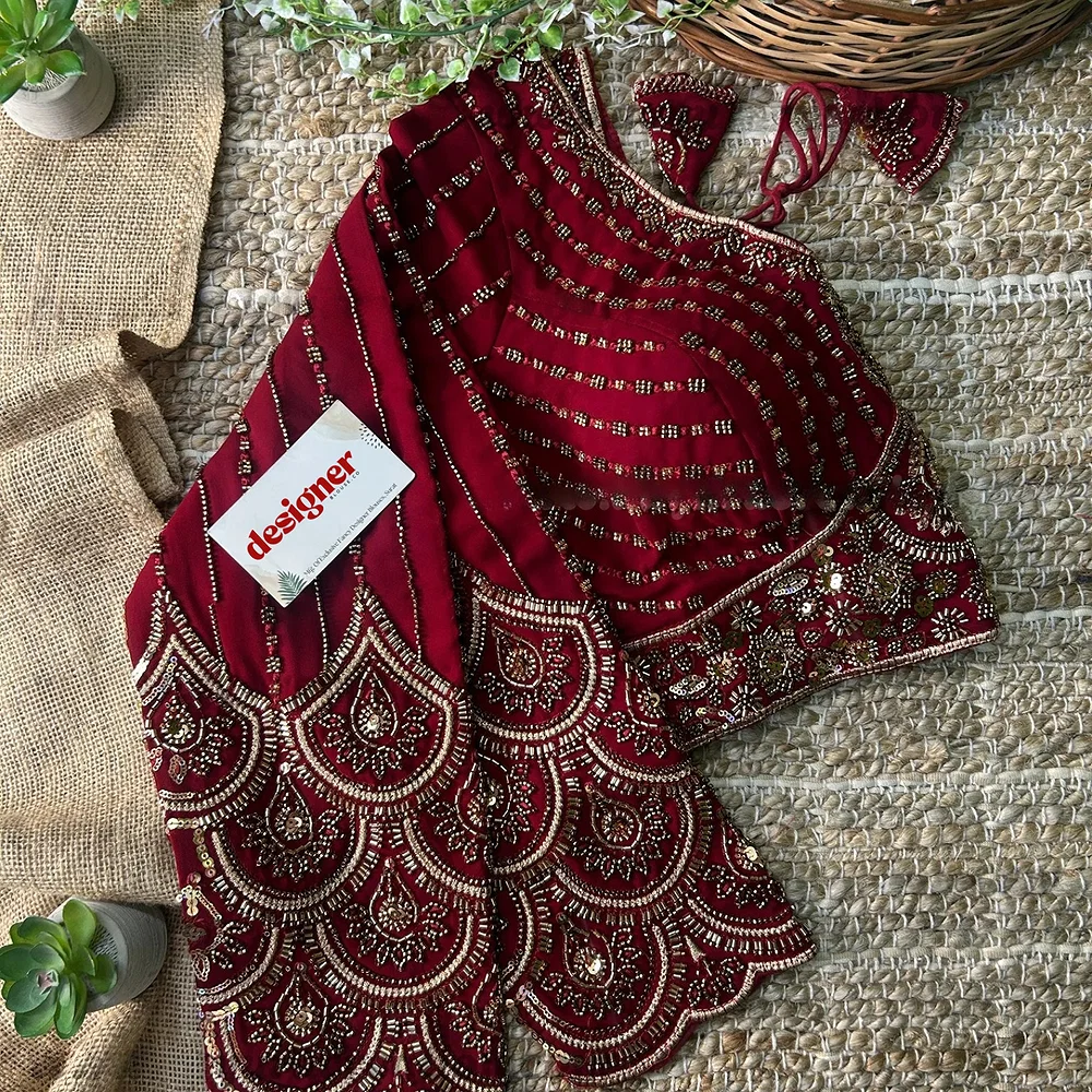 Maroon Color Beaded Readymade Designer Blouse With Long Sleeves — view 2