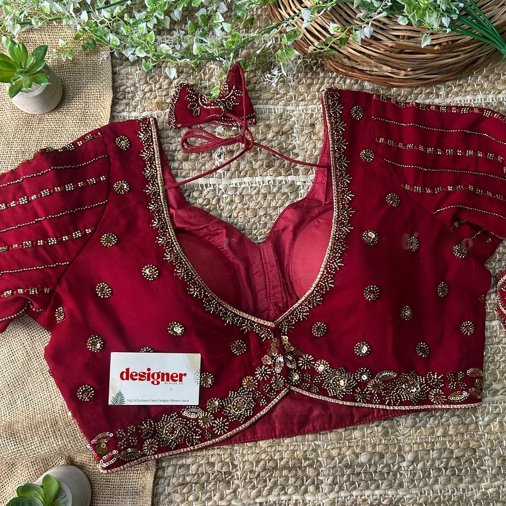 Maroon Color Beaded Readymade Designer Blouse With Long Sleeves — view 3