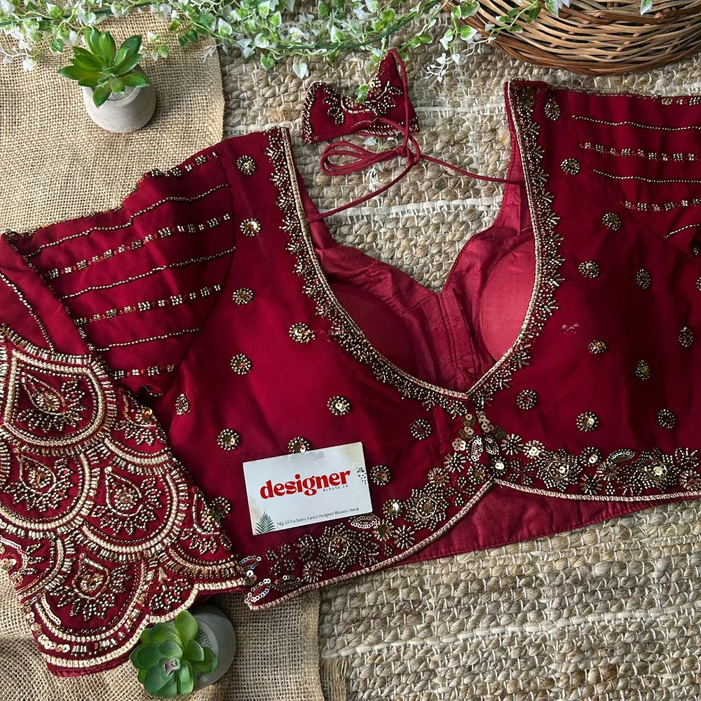 Maroon Color Beaded Readymade Designer Blouse With Long Sleeves — view 4