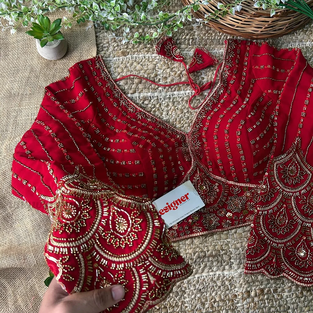 Red Color Beaded Readymade Designer Blouse With Long Sleeves — view 1
