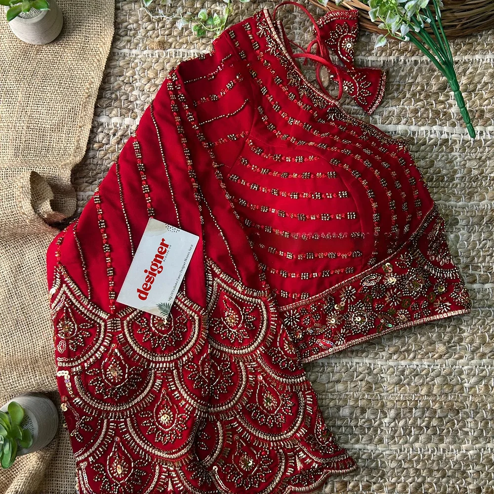 Red Color Beaded Readymade Designer Blouse With Long Sleeves — view 5