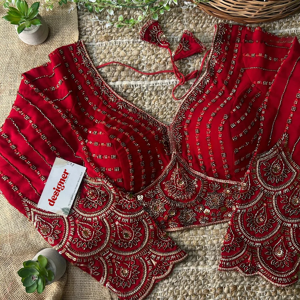 Red Color Beaded Readymade Designer Blouse With Long Sleeves — view 2
