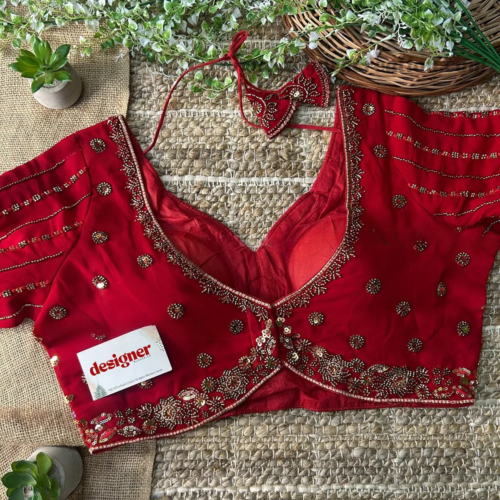 Red Color Beaded Readymade Designer Blouse With Long Sleeves — view 4