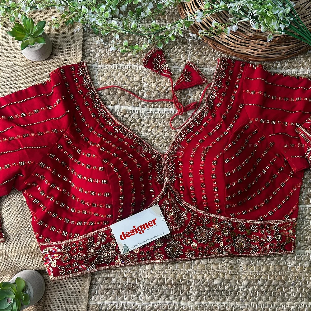 Red Color Beaded Readymade Designer Blouse With Long Sleeves — view 3