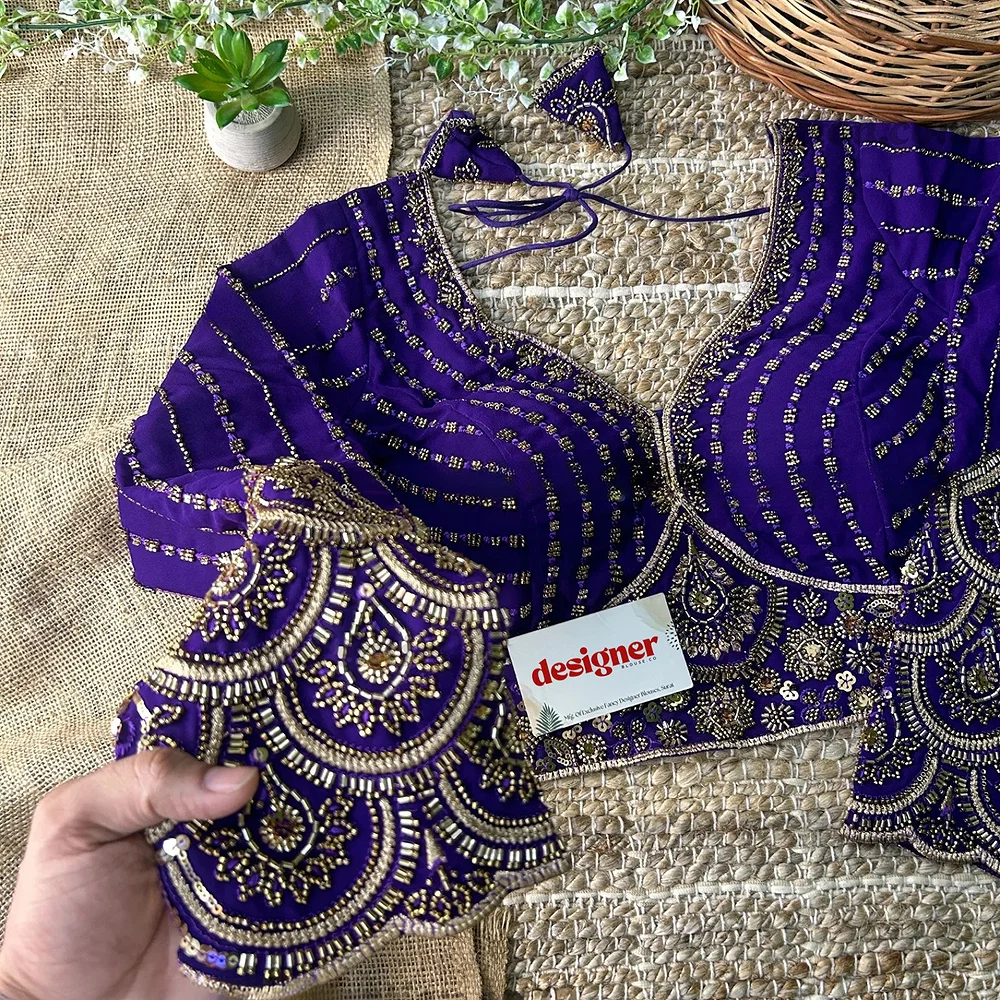 Purple Color Beaded Readymade Designer Blouse With Long Sleeves — view 1