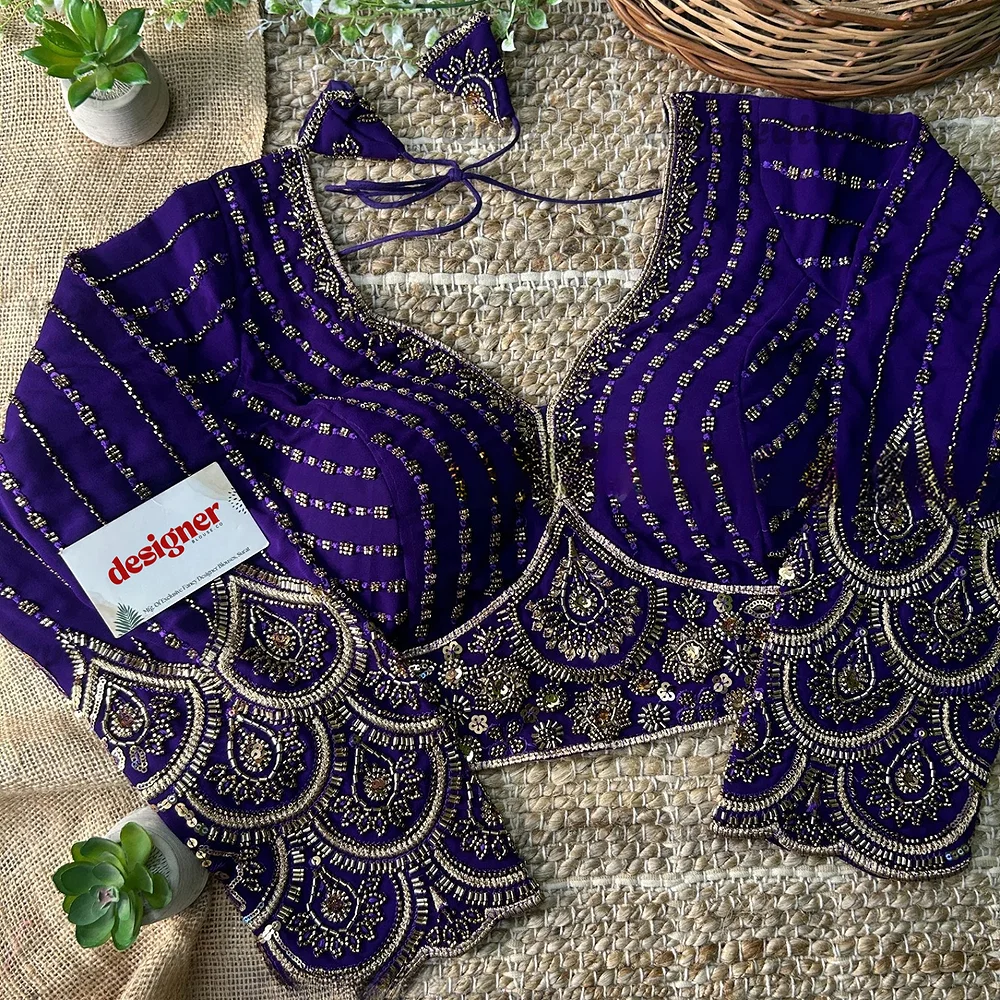Purple Color Beaded Readymade Designer Blouse With Long Sleeves — view 2