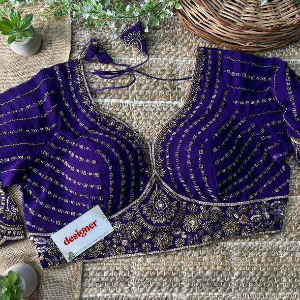 Purple Color Beaded Readymade Designer Blouse With Long Sleeves