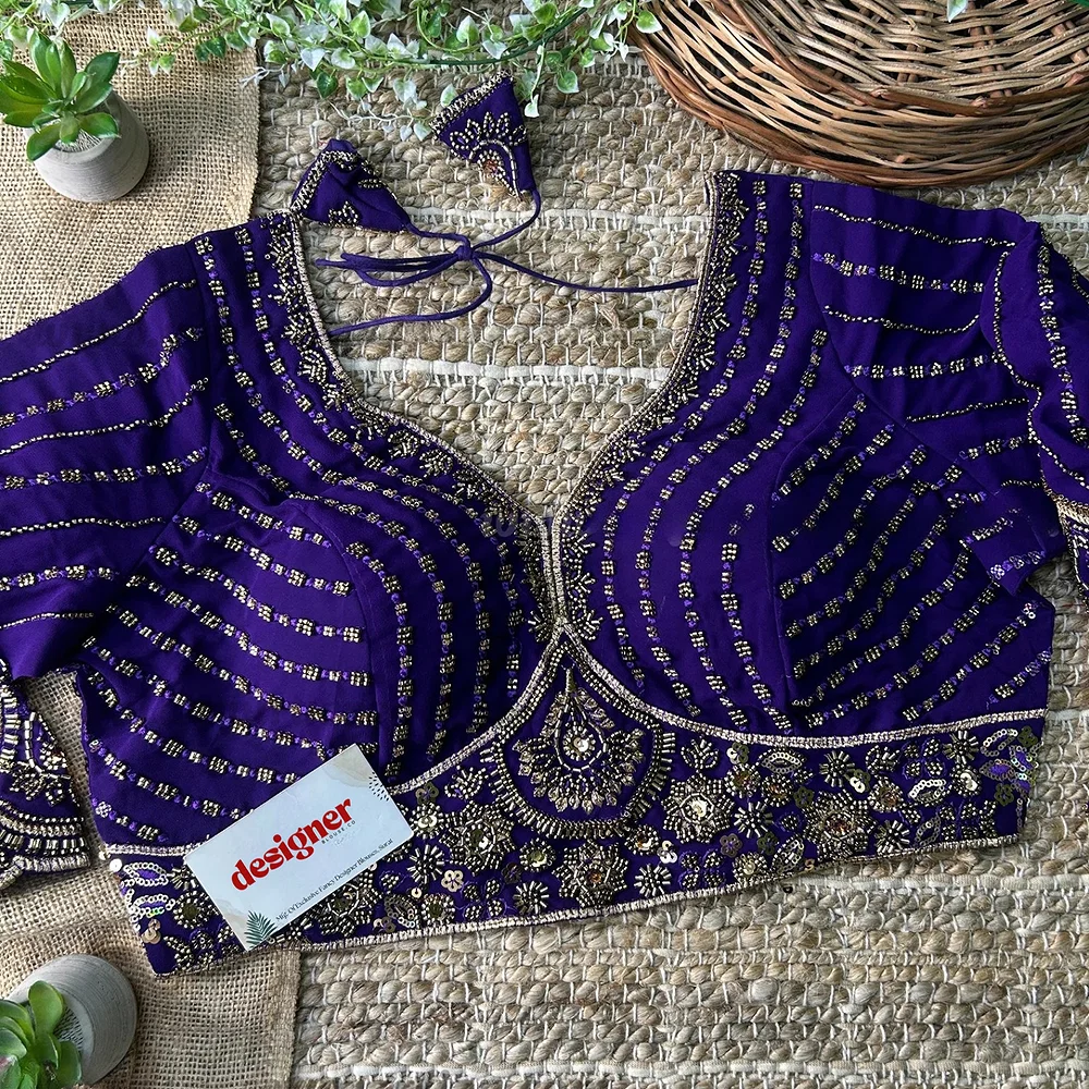 Purple Color Beaded Readymade Designer Blouse With Long Sleeves — view 3