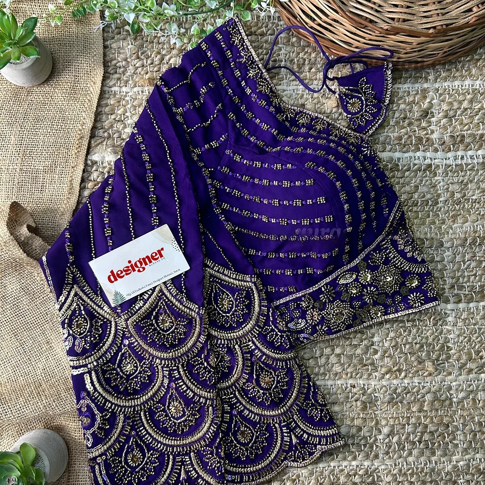 Purple Color Beaded Readymade Designer Blouse With Long Sleeves — view 4