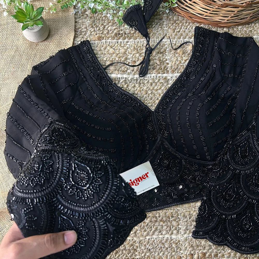Black Color Beaded Readymade Designer Blouse With Long Sleeves — view 1