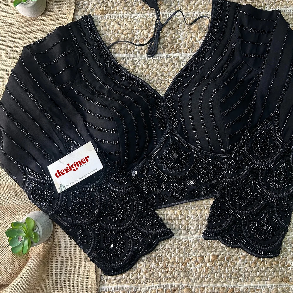 Black Color Beaded Readymade Designer Blouse With Long Sleeves — view 4